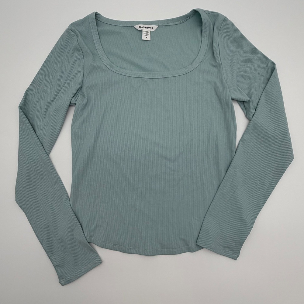 Athleta Ribbed Scoop Neck Long Sleeve Top M Green Modal Spandex Athletic Henley